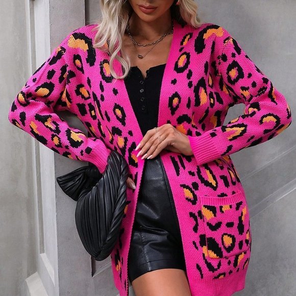 Pink Preppy Womens Leopard Pattern Drop Shoulder Open Front Cardigan - Picture 4 of 5